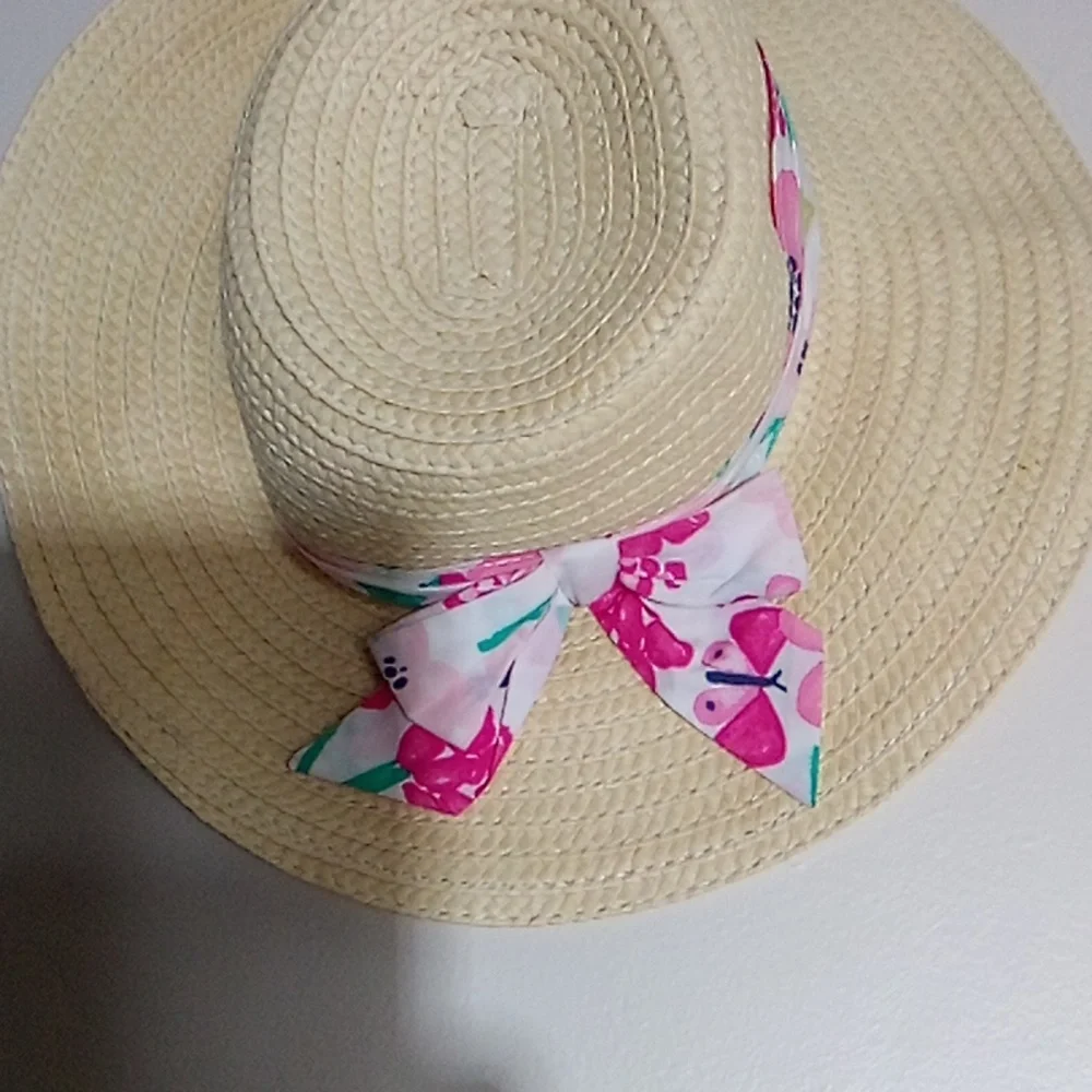 Gymboree Cream Straw Sun Hat with Pink Floral Tie 2T-3T